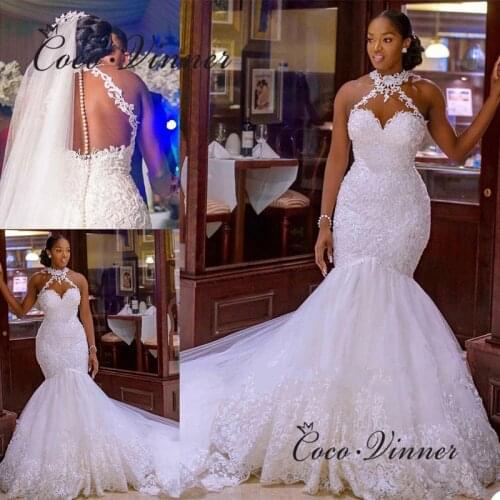 Halter Neck Sexy Illusion Back Lace Vintage Mermaid Wedding Dress 2020 Africa New Lace Appliques Custom Made Bride Dress W0802