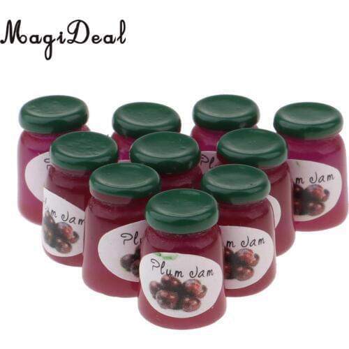 1/12 Dolls House Kitchen Life Scene Ornament - Miniature Food Model Plum Jam Bottles Set Pretend Play Toy 10 Pieces