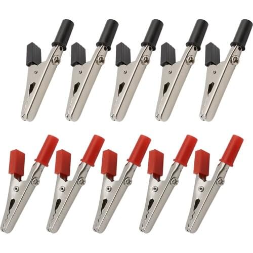 10Pcs Plastic Handle Metal Insulated Alligator Crocodile Clips Clamps Cable Lead Testing Clips Length 55mm Black & Red