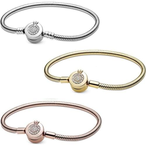 2020 Fall High Quality S925 Signature Rose Moment Glittering Crown O Snake Chain Bracelet DIY Charm Classic Fashion Simple Gift