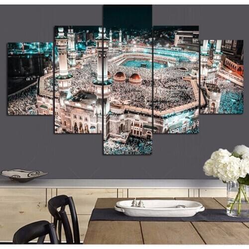 5Panel Print Islam Mecca Sacred Mosque Night Landscape on Canvas Religious Architecture Wall Modular Painting for Living Room