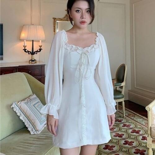 White Elegant Dress Women Bandage Retro Party Mini Dress Office Lady French Designer Korean Dress Womens Clothing Autumn