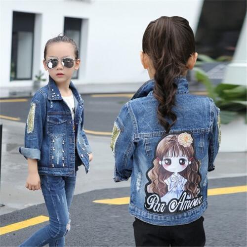 Big Girls Jackets Fashion Cartoon Girl Butterfly Print Denim Jacket Kids Clothing 4 5 6 7 8 Years Girls Outwear Children Coats