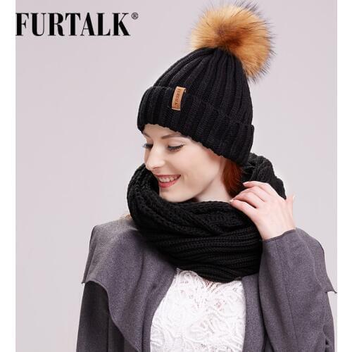FURTALK Winter Hat Scarf Set for Women Beanie Hat with Fur Pom Pom Female Winter Warm Cap and Ring Sacrf Set Black White Color