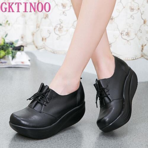 GKTINOO New Womens Genuine Leather Platform Shoes Wedges Black Lady Casual Shoes Swing Lace Up High Heels Shoe Plus Size 34-43