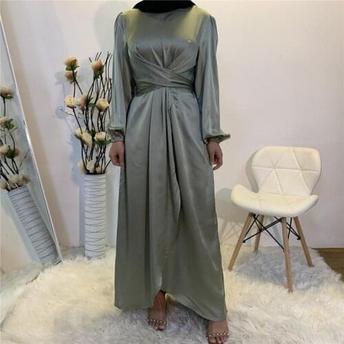 Eid Satin Abaya Dress Muslim Women Solid Color Wrap Front Long Sleeve Ruffles Long Maxi Dress Summer Dubai Turk Modest Wear