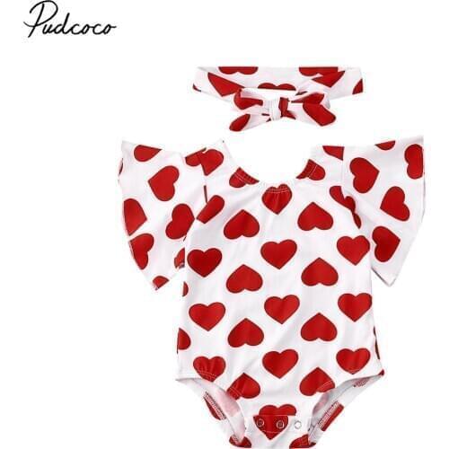 Pudcoco Newborn Baby Girls Bodysuit Kids Short Flare Sleeve Love Heart Full Print Jumpsuit + Headband Valentines Day Outfits