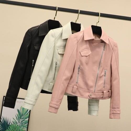 New Women Pu Faux Soft Leather Motorcycle Zipper Jacket 2021 Spring Female Turndown Collar Slim Biker Coats Basic Streetwear