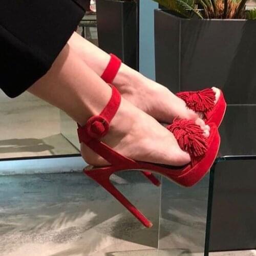 Summer Fringed Woman Thin High Heel Sandal Red Suede Open Toe Ankle Strap Buckle Platform Shoes Sexy Party Dress Shoe