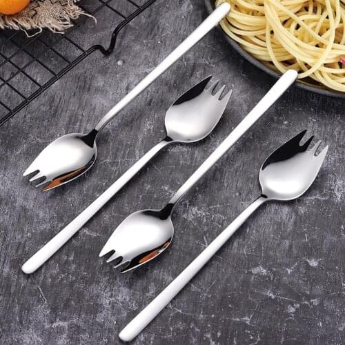 Long Handle Spoon Fork Multi-purpose Salad Spoon Stainless Steel Dinnerware Kitchen Picnic Dessert Spork Spoons R3B0