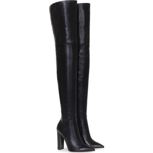 Fashion Over The Knee Woman Boots Nude Leather Thick High Heels Thigh Woman Boots Black Nightclub Dress Shoes Big Size 34-45