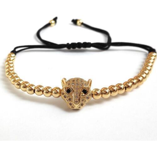 Fashion Men Bracelet,4mm Gold Color Round Copper Beads & Leopard Head Braiding Macrame European American Weaving Bracelets,Gift