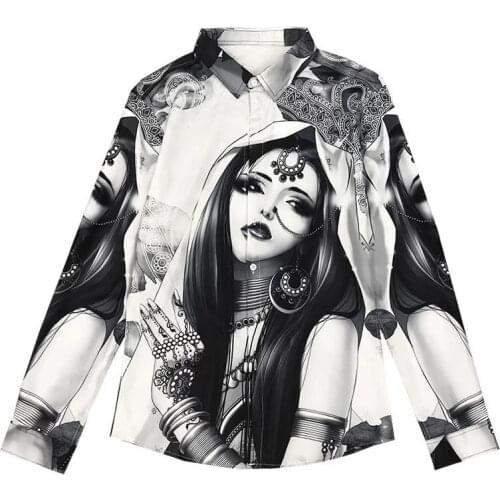 Mens long-sleeved shirts, button-down collar shirts, casual printed beauties pattern tops mens fashion clothing trends shirts
