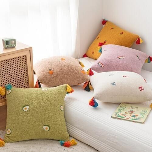 Soft Cushion Cover 45x45cm Fluffy Comfort Pillow Cover Embroidery Home Decorative Rainbow Tassles For Living Room Bed Room