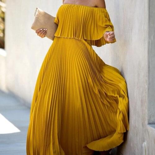 Elegant Off Shoulder Chiffon Dress Women Summer Dress Ruffle Pleated Maxi Long Casual Vacation Holiday Loose Beach Dresses Solid