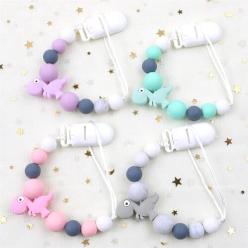 Teether Toy Anti-drop Chain Silicone Dinosaur Beads Pacifier Clip Baby Teething Soother Chew Toy Dummy Clips