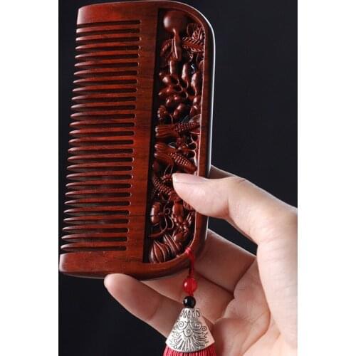 Plant Pattern Printing Carving Sandalwood Comb Hairdressing Massage Personal Care Modeling Rhinoceros Horn Red Sandalwood Comb