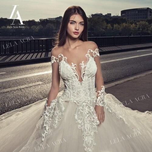 Luxury Beaded Appliques Wedding Dress Sweetheart Long Sleeve Ball Gown Princess Train LelaAcra JK08 Bride Vestido De Noiva