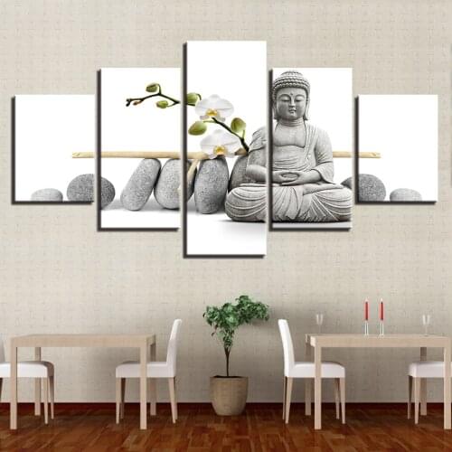 Modern Artwork Framework Living Room Decor HD Print Poster Painting 5 Panel Stone Buddha Figures Flower Canvas Wall Art Picture