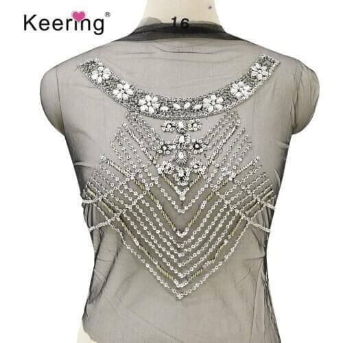 Keering Bling Bling silver sequins beads fabric bodice applique for wedding dress WDP-283