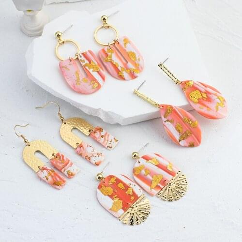 AMORCOME Unique Metal Pink Ploymer Clay Drop Earrings for Women Handmade Gold Foil Geometric Hanging Earrings Trendy Jewelry