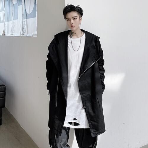 Autumn new dark mens medium long hooded windbreaker with oblique placket zipper coat hairdresser youth Cape