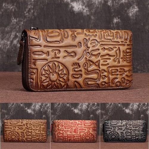 Women Long Wallet Genuine Leather Card Holder Vintage Style Embossed Female Money Coin Pocket Bifold Purse Handy Bags