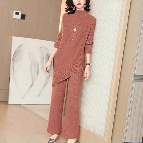 New Women 2021 Spring Autumn Casual Sweater Tracksuit O Neck Pullover&High Waist Pants Sets Wide Leg Pants Knit 2 Pieces Set