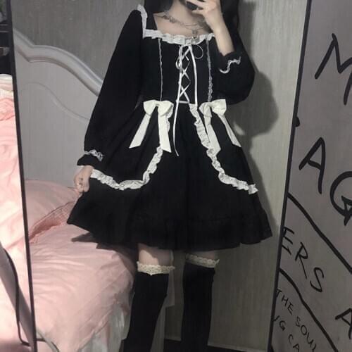 New Japanese Diablo Lolita Style Lace Women Mini Dress 2021 Spring Slim Punk Square Collar Party Dark Girl Black Female Dress