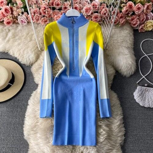 Sexy Color block Patchwork Bodycon Knitted Mini Dress for Women Fall Winter New Half Turtleneck Zipper Pullover Sweater Dr