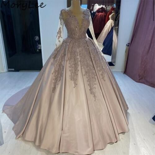 Champagne Evening Dresses vestidos de fiesta de noche V-Neck Long Sleeves Lace Up Back A-Line Lace Crystal Satin Evening Dress