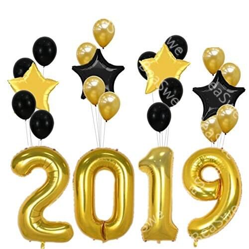 1 set 40inch Number foil Gold Black Sliver Happy New Year 2019 Balloons with star balls latex Party supplies Decor Digit Globos