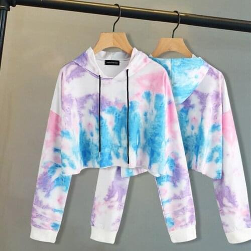 2021 Fashion Streetwear Tie-Dye Hoodies Women Long Sleeve Loose Hooded Sweatshirt Drawstring Short Hoodie Lady Sweatshirts Tops