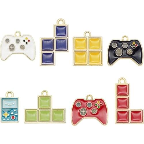 Julie Wang 8PCS Enamel Charms Mixed Tetris Game And Gamepad Console Alloy Pendant Bracelet Earrings Jewelry Making Accessory