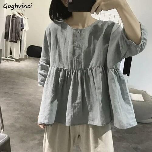 Blouse Women Cotton Linen Breathable Simple Loose Female Tops Japanese Style Soft Leisure Solid Color O-neck Three Quarter Sweet