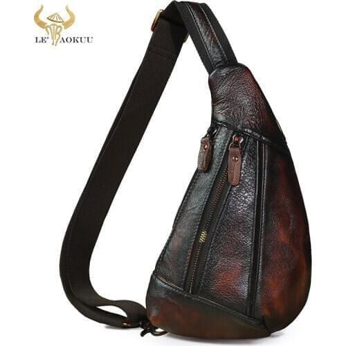 Brand Men Natural Leather Retro Coffee Tringle Chest Pack Bag Design Male Sling Crossbody One Shoulder Bag Backpack Daypack 8807
