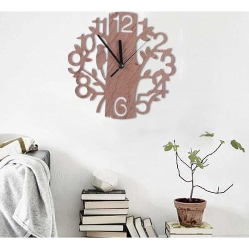 Household Wall Hanging Clock Wooden Clock Creative Tree Shape Clock Solid Wood Hollow Carving Clock Home Decoration Accessories