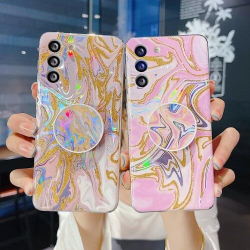 Back Cover with Folding Bracket for Samsung Galaxy S21 Plus A32 A52 A72 A12 A42 5G Case Laser Colorful Glitter Marble Soft Coque