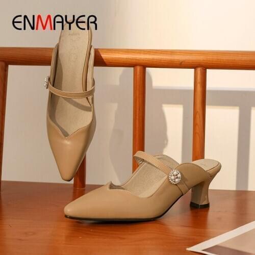 ENMAYER 2020 Summer Outside PU Solid Women Slippers Fashion Crystal Square Heel Basic Luxury Shoes Women Designers Size 34-43