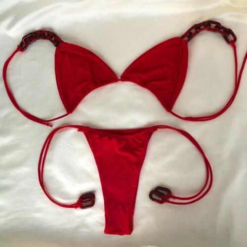 Sexy Bikini Swimwear Bandage For Women Fashion Pure Color Soft Smooth Swimsuit Set Bathing Suit Acrylic Chain Halter Beachwear