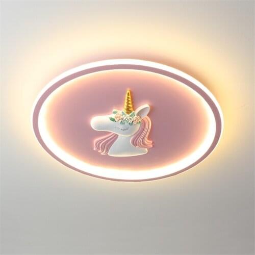 Nordic Round LED Unicorn Ceiling Lights Modern Childrens Room Girl Princess Bedroom Study Cartoon Eye Protection Ceiling Lamps