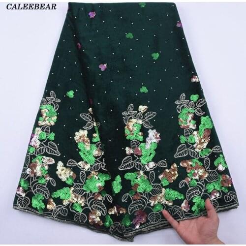 Latest African Velevt Lace Fabric Green Sequined Nigerian Vetvet Lace Fabric 2021 High Quality Velvet Lace For Party Dress S2084