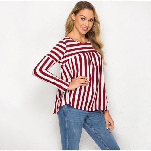 Fashion Women Long Sleeve Shirt Spring Summer Loose Stripe Split Shirts O-neck Ladies Elegant Female Clothing