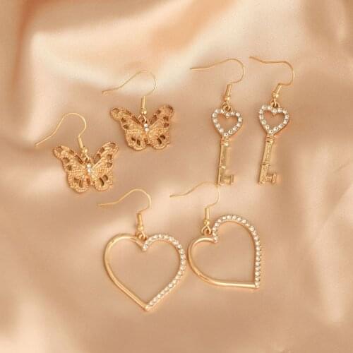Hollow Half of Crystal Stud Heart Key Butterfly Shape Jewelry Fashion Design Women Crystal Earrings