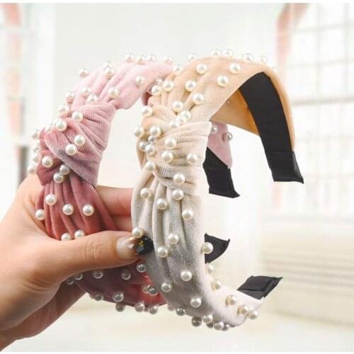 Pearls Spliced Hairband Creative Korean Style Flannel Cloth Autumn Winter All-Match Solid Color Fashion Knot Decorative Hairband