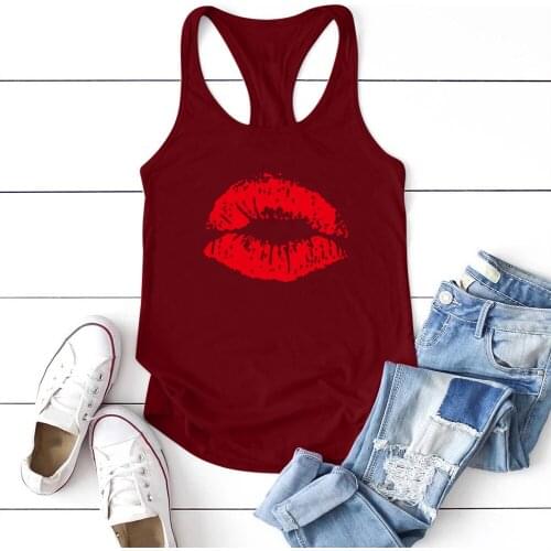 Red Sexy Lips Print Tank Tops Summer Loose Femme Ladies Vest Ropa Mujer Tee Shirt Women O-Neck Sleeveless Casual Tees Tops