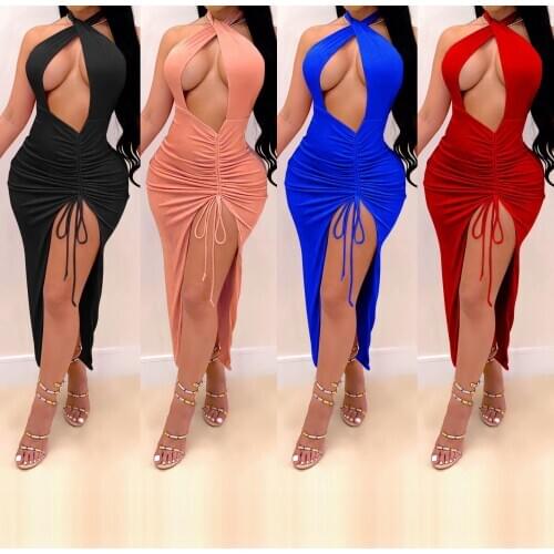 Sagace neckline sexy fragrance shoulder sleeveless womens sexy open back drawstring solid color dress nightclub style 2021