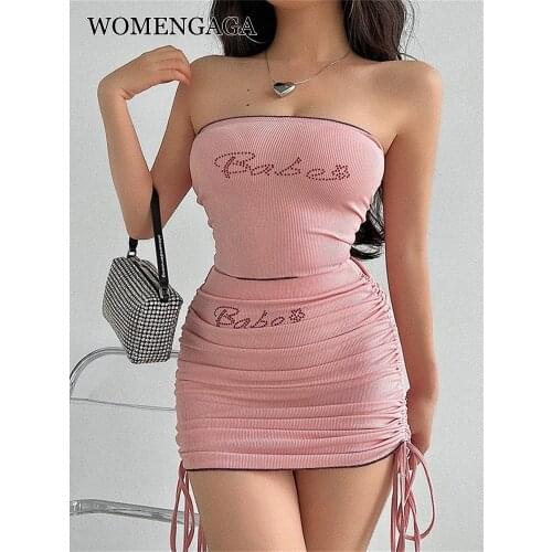 WOMENGAGA Sexy Navel Backless Pink Tight Hot Vest Tank Tops + Lace Up Drawstring Skinny Hip Tank Mini Dress Sexy Korean Top BH8A