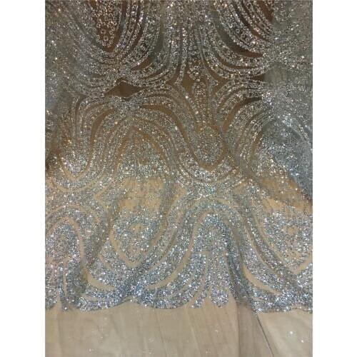 Silver and gold colors African French Lace Fabric High Quality African Tulle Lace Fabric with Glued glitter sequins JRB-32520