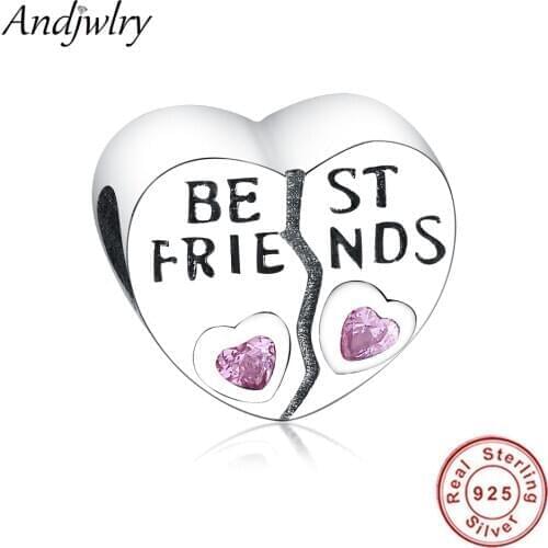 Fit Pandora Charms Bracelets Silver 925 Original Beads Best Friend Pink CZ Love Heart Charms Silver Beads For Jewelry Making